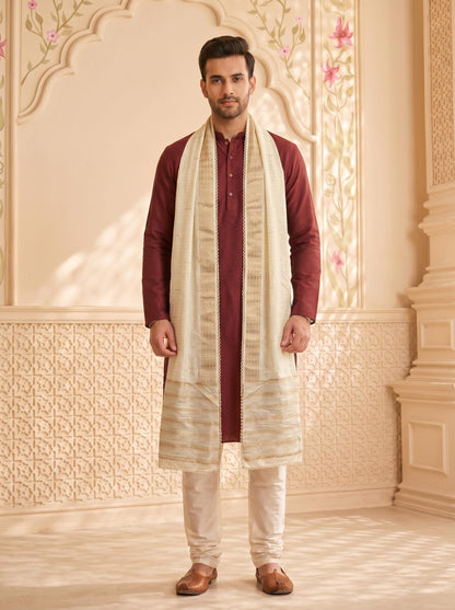 Zari Woven Chanderi Cotton Dupatta for Men | Off White - view 4