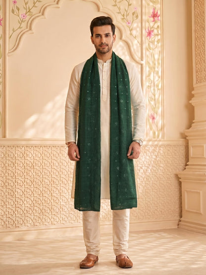 Floral Self Embroidered Chanderi Cotton Dupatta for Men | Bottle Green