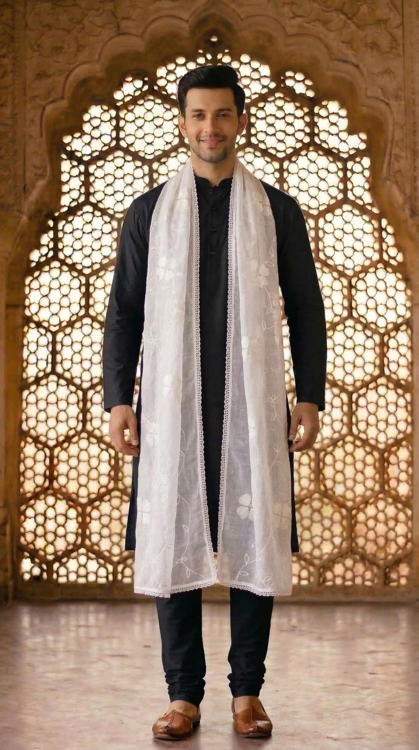Pure Cotton Self Embroidery Dupatta for Men | White