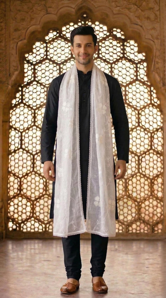 Pure Cotton Self Embroidery Dupatta for Men | White