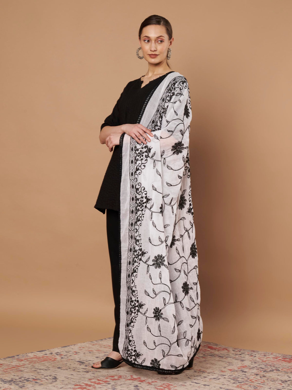 Pure Cotton Embroidery Floral Dupatta for Women | White - view 2