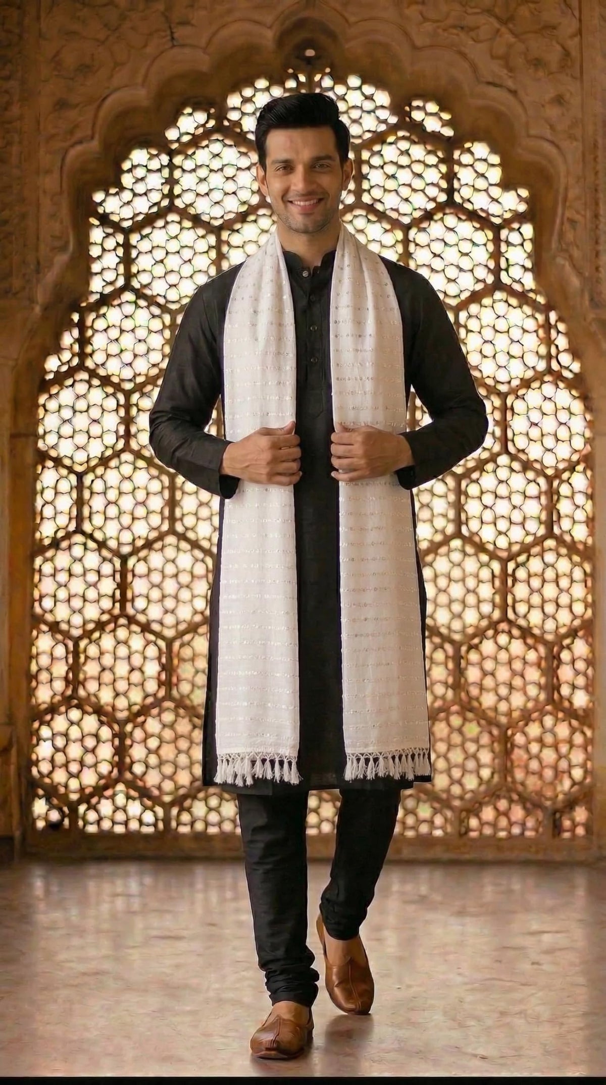 Pure Cotton Embroidered Dupatta for Men with Sequin | White - view 2