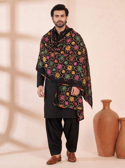 Pure Cotton Embroidered Phulkari Dupatta for Men | Black - view 4
