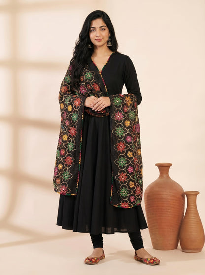 Pure Cotton Phulkari Embroidered Dupatta for Women | Black - view 3
