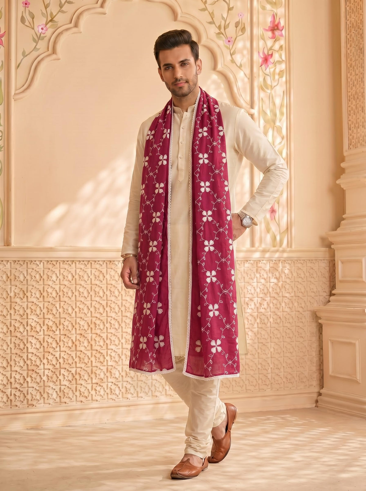 Pure Cotton Self Embroidery Dupatta for Men | Pink