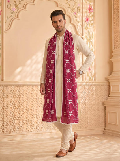 Pure Cotton Self Embroidery Dupatta for Men | Pink