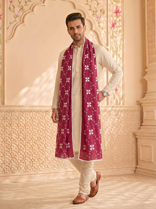 Pure Cotton Self Embroidery Dupatta for Men | Pink