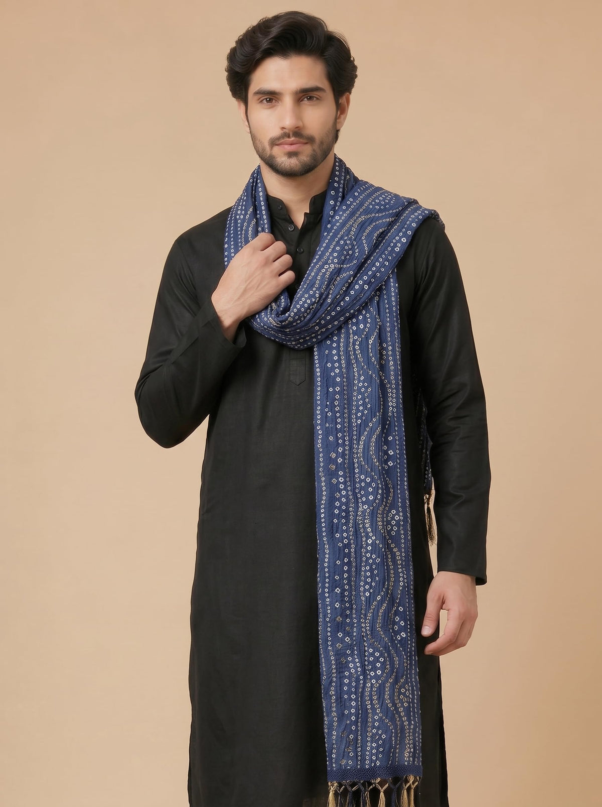 Printed Bandhani Dupatta for Men | Navy Blue - view 5
