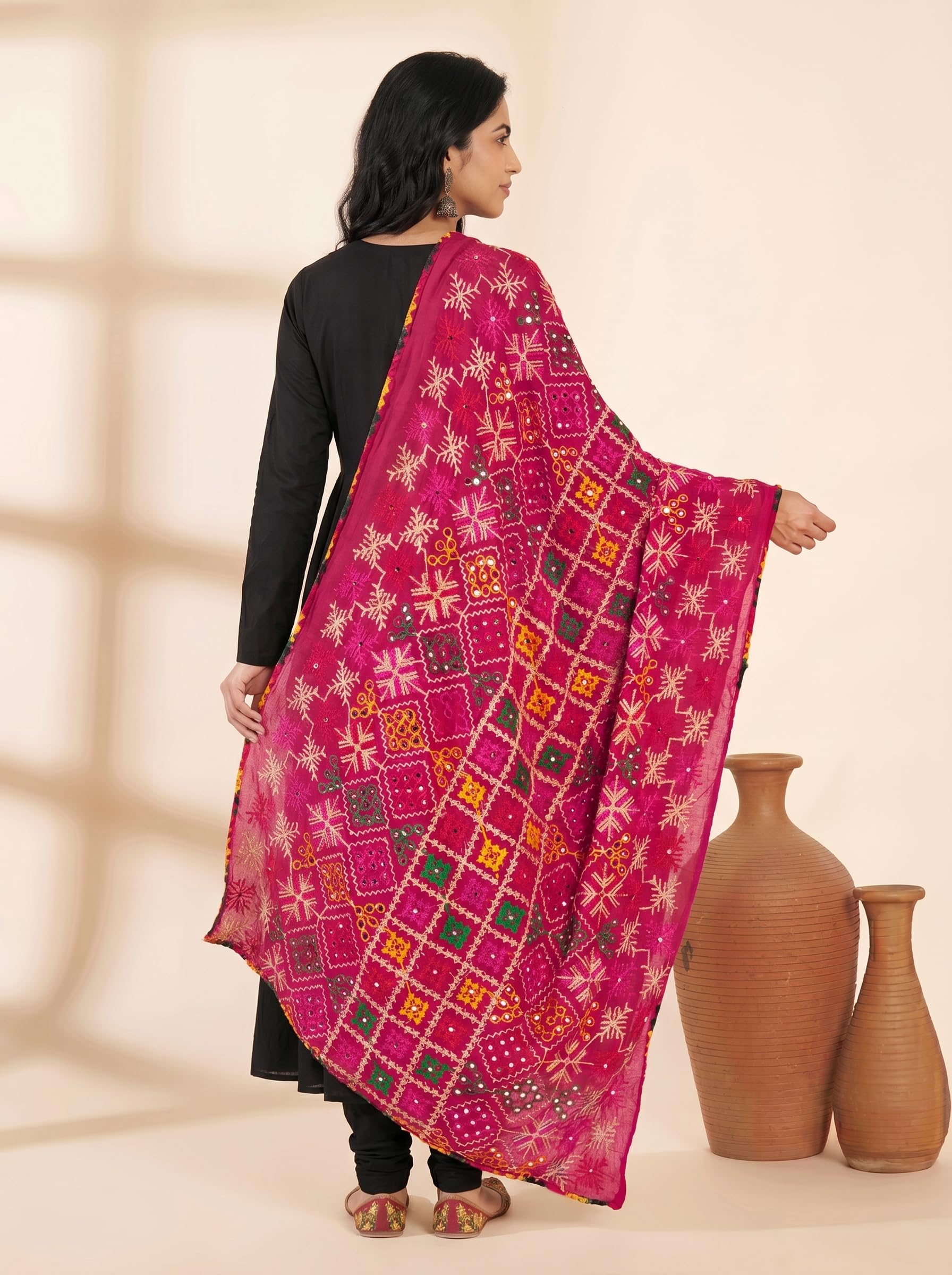 Pure Cotton Phulkari Embroidered Dupatta for Women | Pink - view 3
