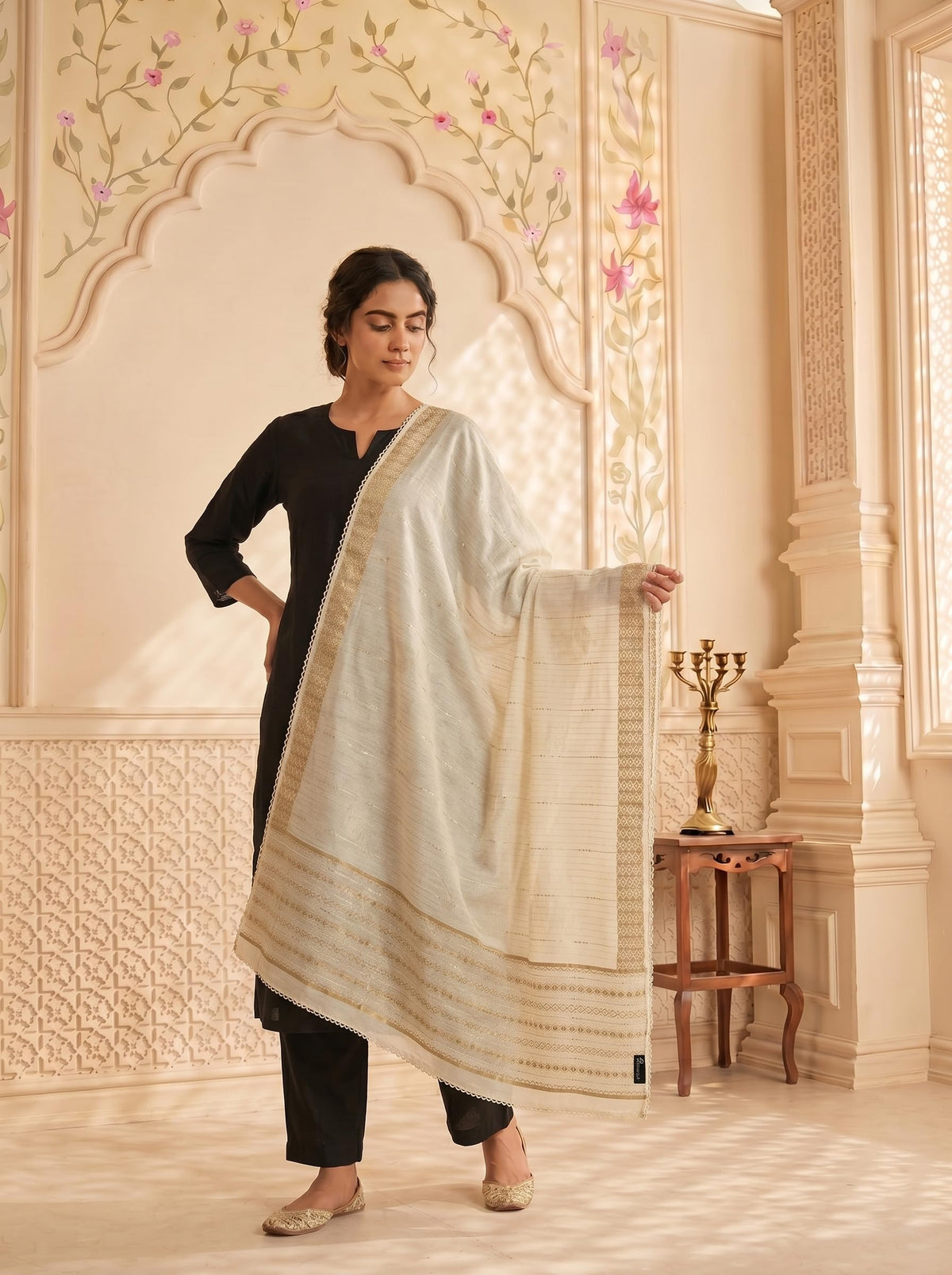 Zari Woven Chanderi Cotton Dupatta for Women | Off White - view 2