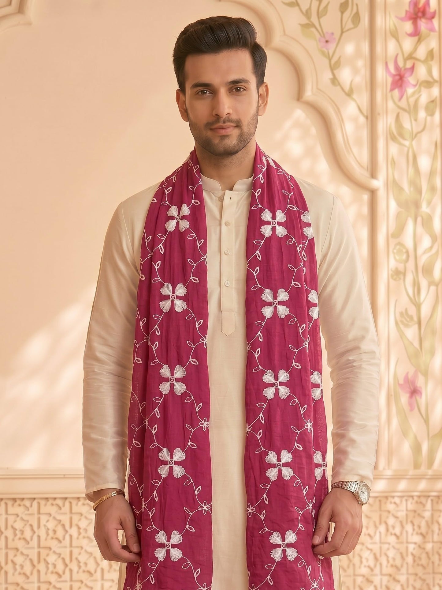 Pure Cotton Self Embroidery Dupatta for Men | Pink - view 5
