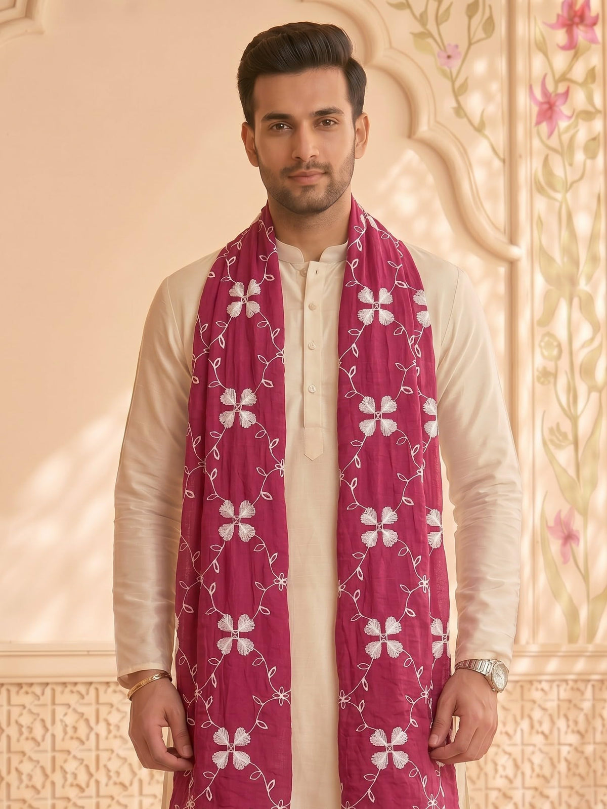 Pure Cotton Self Embroidery Dupatta for Men | Pink - view 5