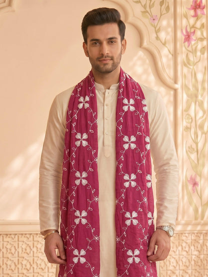 Pure Cotton Self Embroidery Dupatta for Men | Pink - view 5
