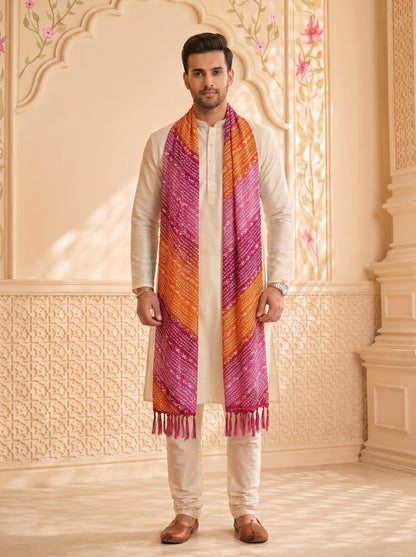 Chinnon Bandhani Dupatta for Men | Pink Orange - view 3