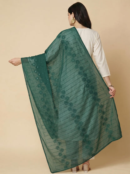 Floral Self Embroidered Chanderi Cotton Dupatta for Women | Bottle Green