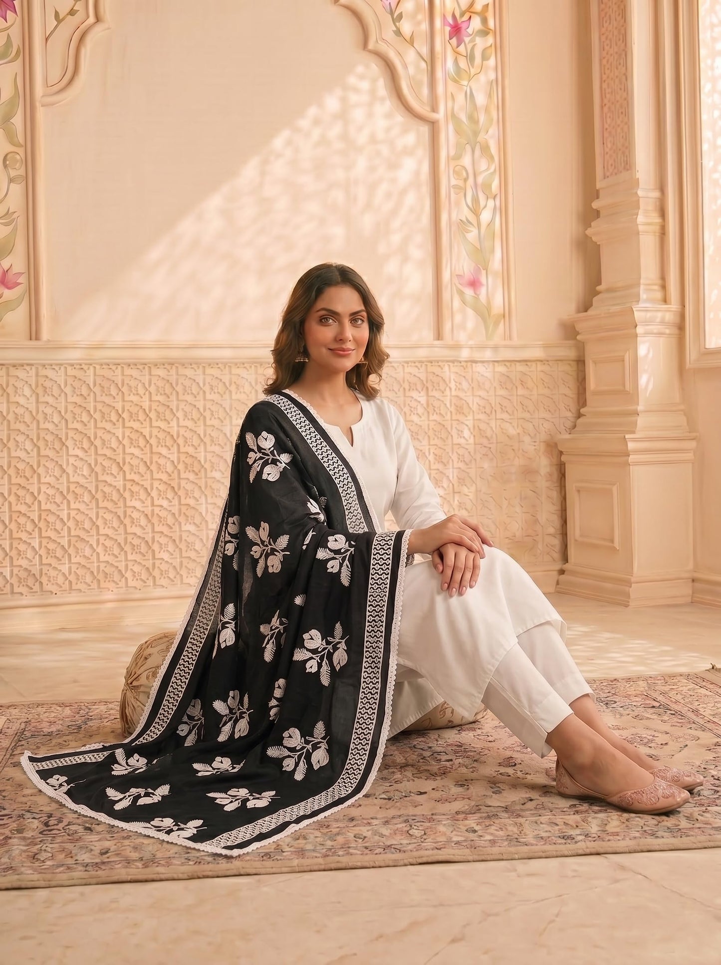 Pure Cotton Floral Embroidered Dupatta for Women | Black