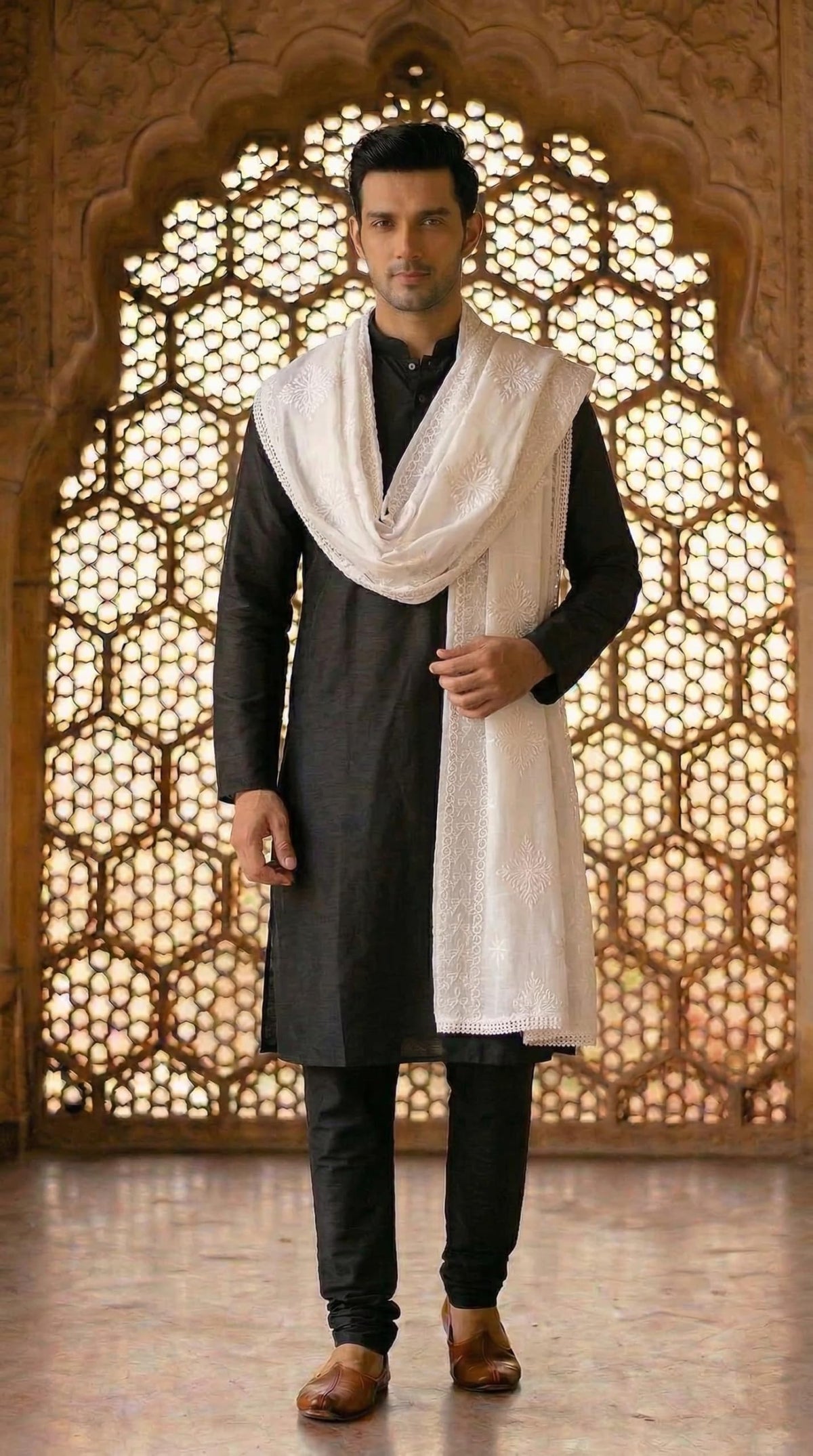 Pure Cotton Self Embroidery Dupatta for Men | White - view 3