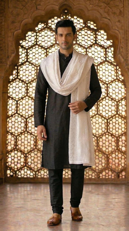 Pure Cotton Self Embroidery Dupatta for Men | White - view 3