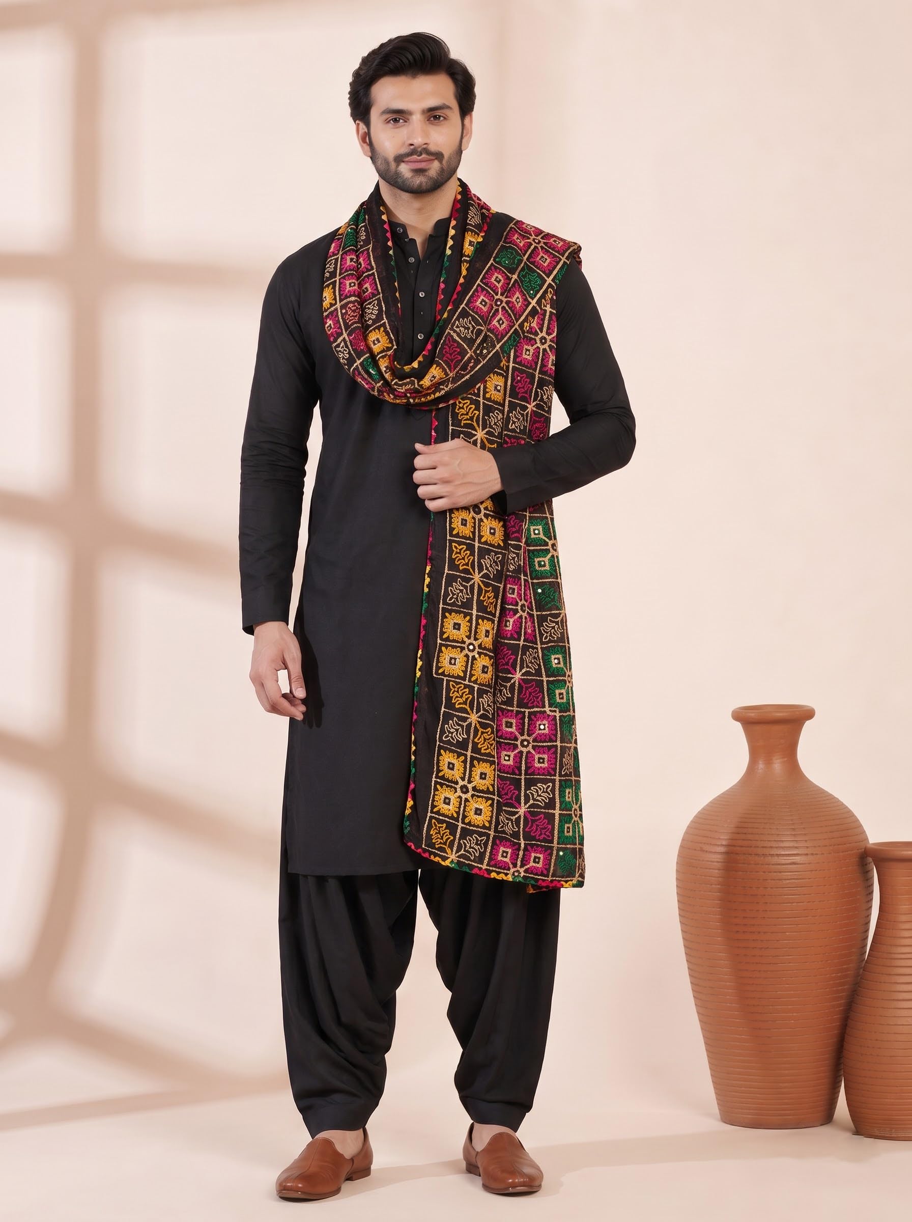 Pure Cotton Embroidered Phulkari Dupatta for Men | Black - view 2