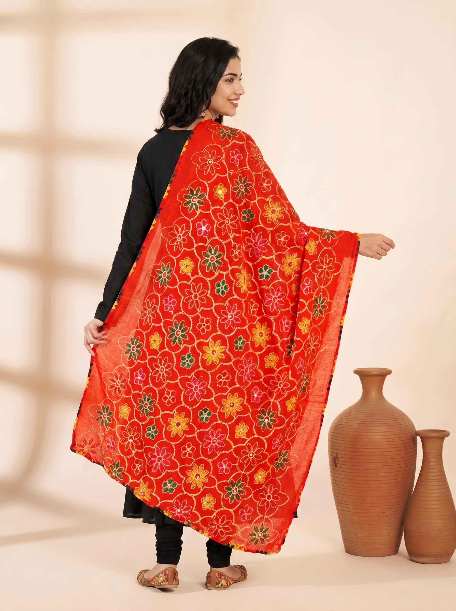 Pure Cotton Phulkari Embroidered Dupatta for Women | Red - view 3