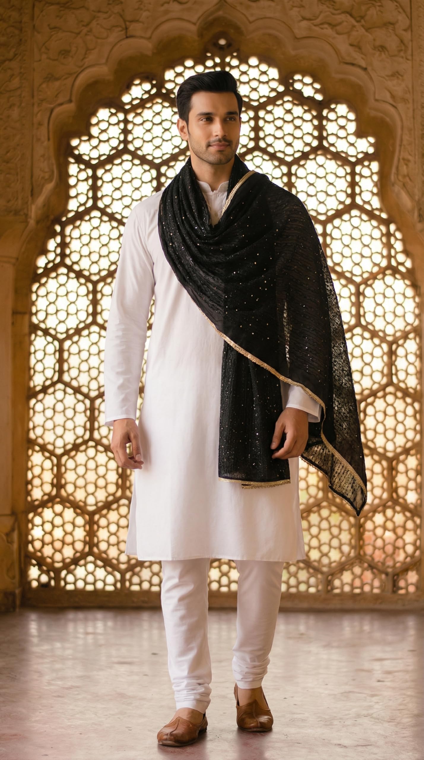 Striped Chanderi Cotton Dupatta for Men | Black - view 2