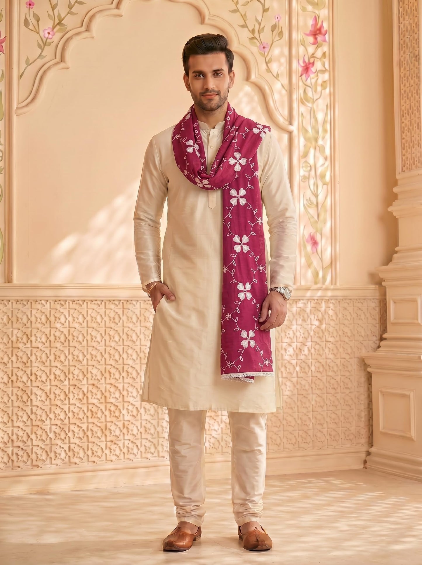 Pure Cotton Self Embroidery Dupatta for Men | Pink - view 3