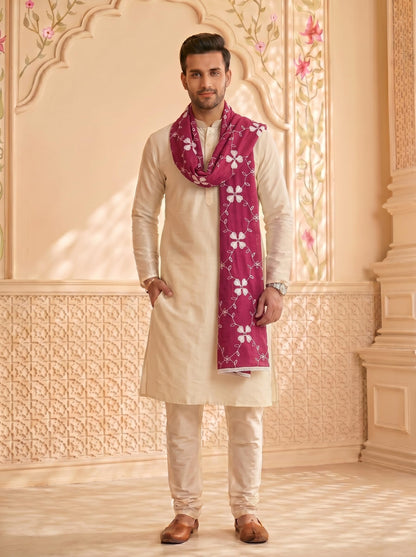 Pure Cotton Self Embroidery Dupatta for Men | Pink - view 3