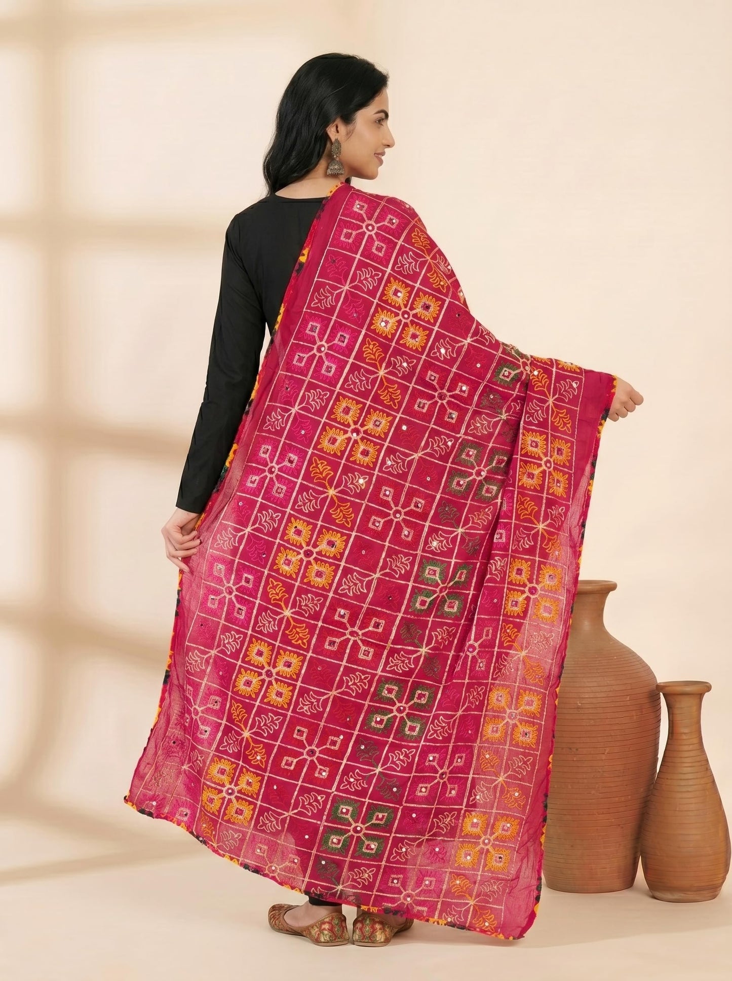 Pure Cotton Phulkari Embroidered Dupatta for Women | Pink - view 2