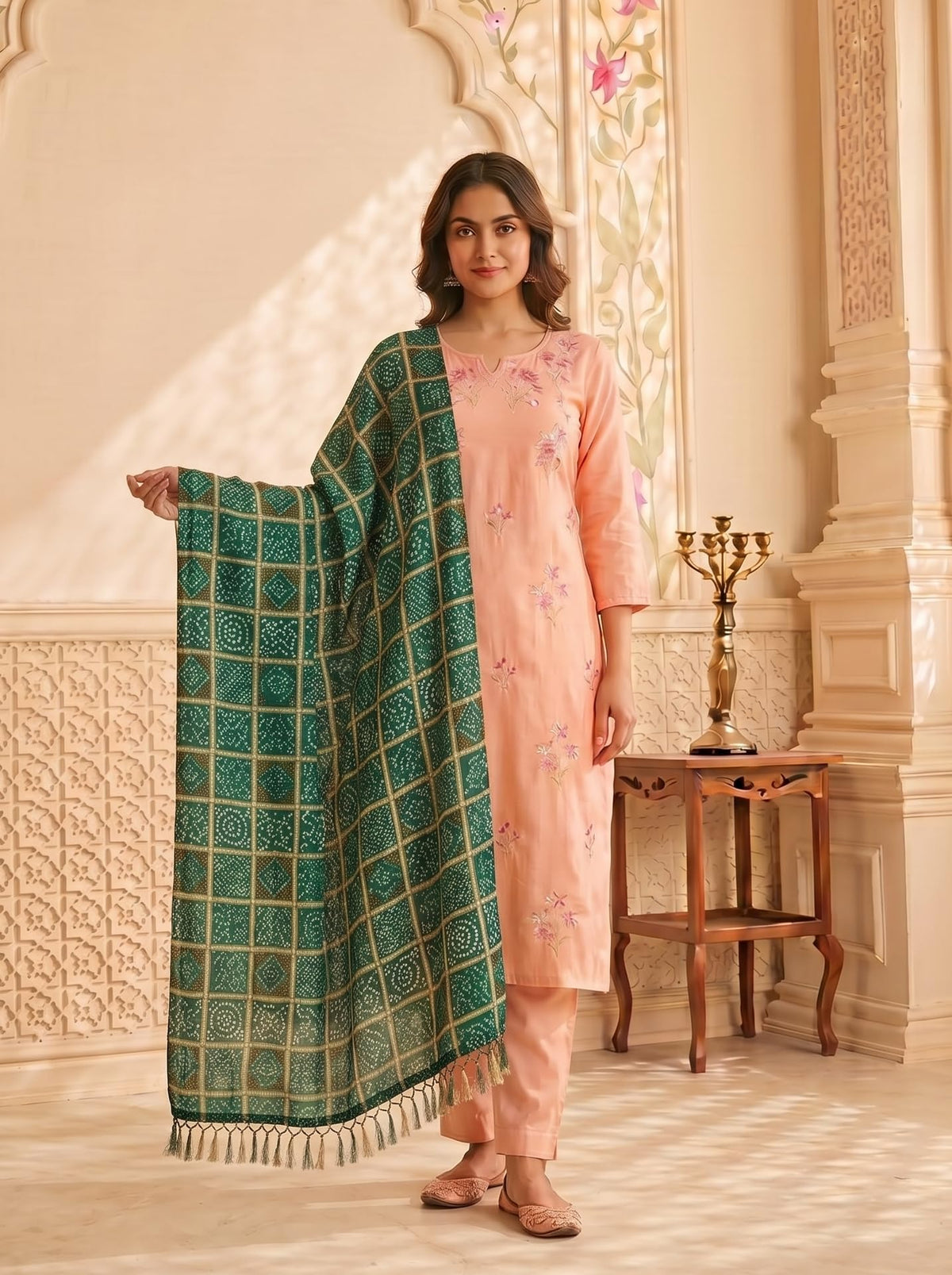 Chinnon Bandhani Dupatta for Women | Green - view 2