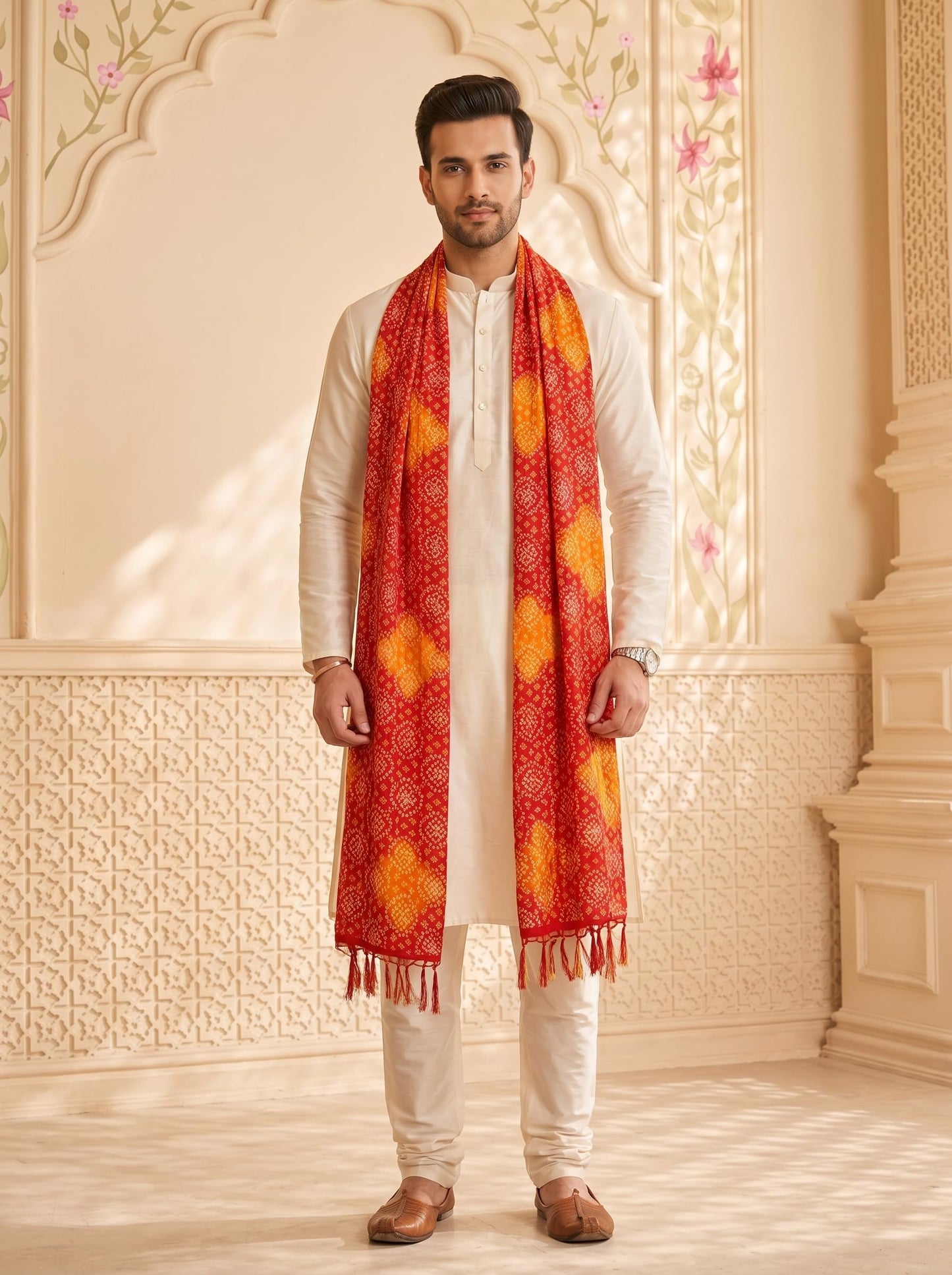 Chinnon Bandhani Dupatta for Men | Red Orange