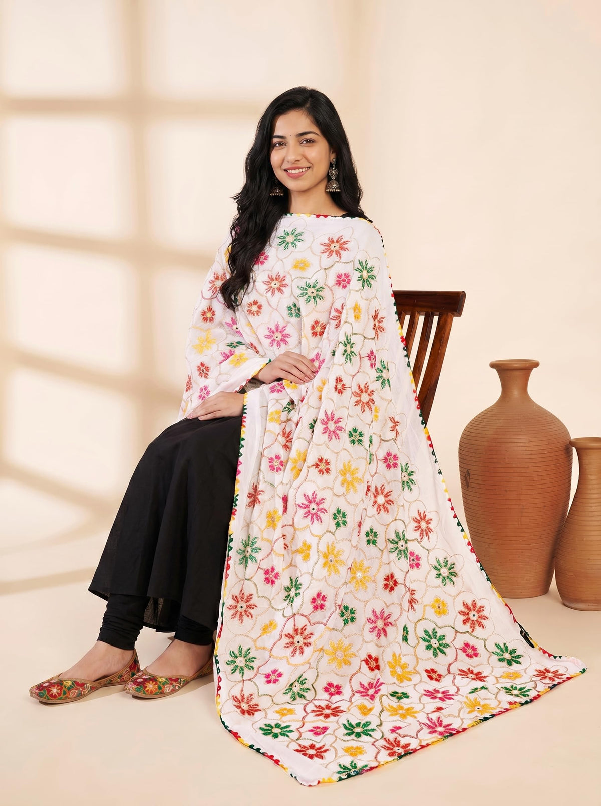 Pure Cotton Phulkari Embroidered Dupatta for Women | White - view 5