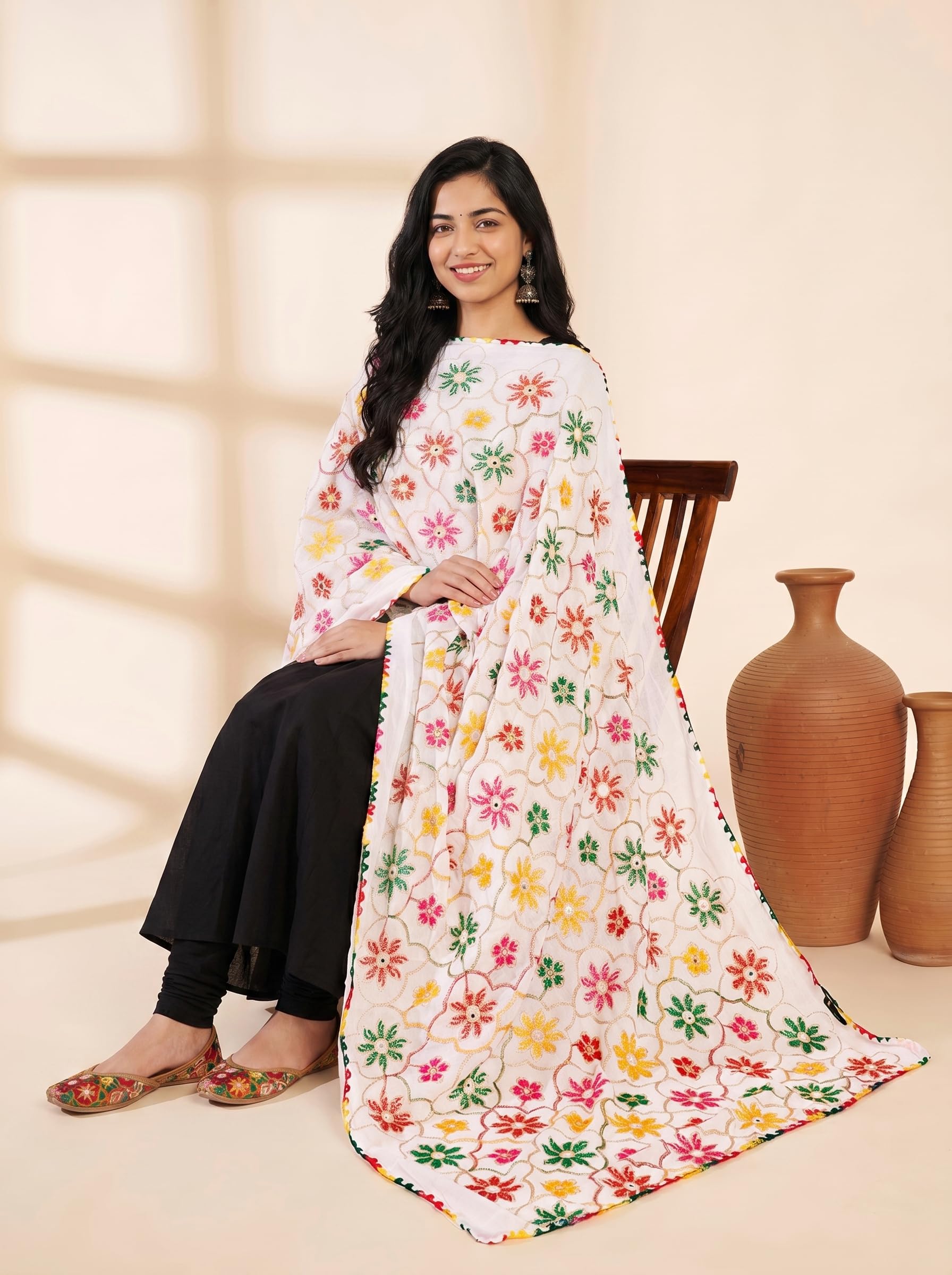 Pure Cotton Phulkari Embroidered Dupatta for Women | White - view 5