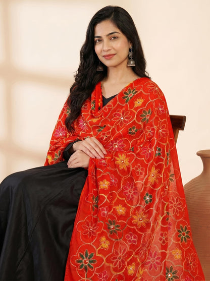 Pure Cotton Phulkari Embroidered Dupatta for Women | Red - view 4