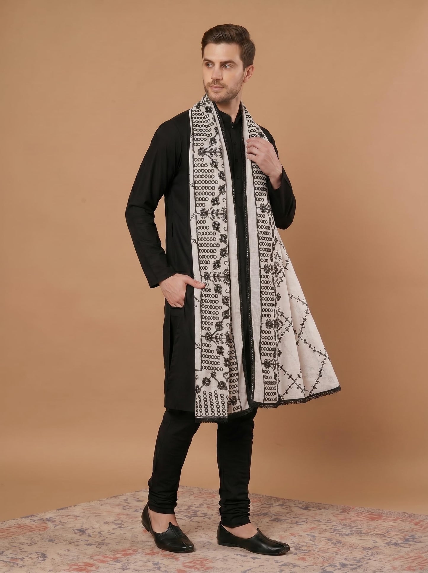 Pure Cotton Cross Embroidery Dupatta for Men | White - view 2