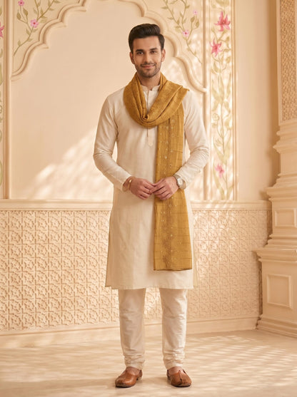 Floral Self Embroidered Chanderi Cotton Dupatta for Men | Sand Beige - view 3