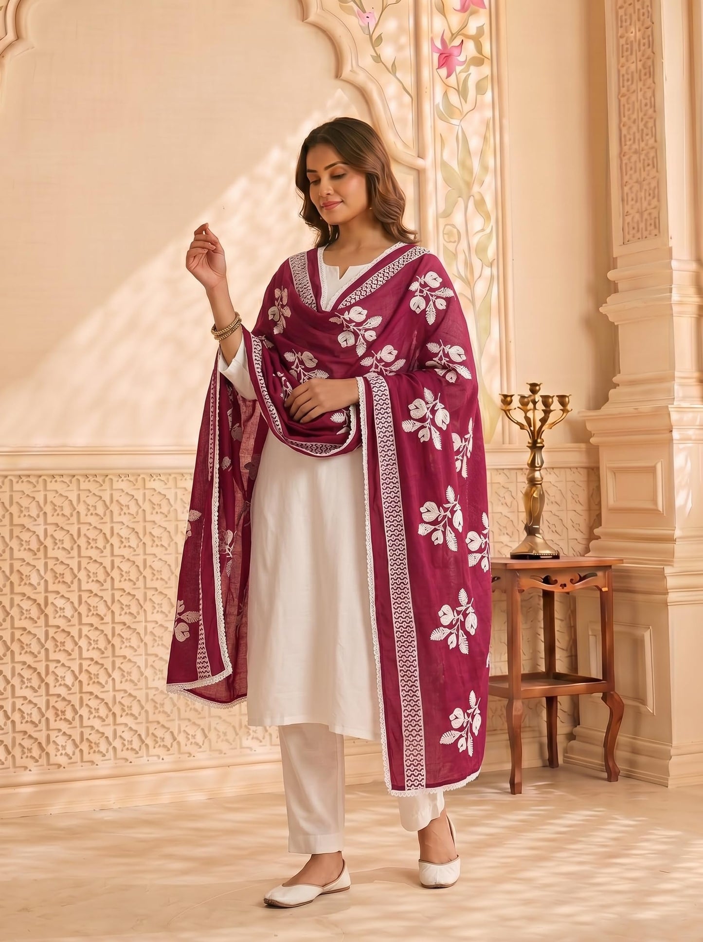 Pure Cotton Floral Embroidered Dupatta for Women | Pink - view 4