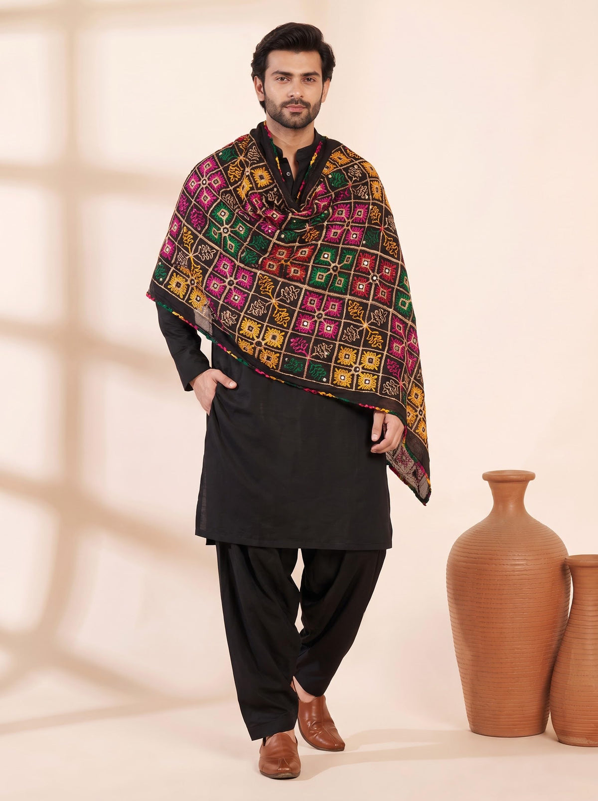 Pure Cotton Embroidered Phulkari Dupatta for Men | Black - view 4