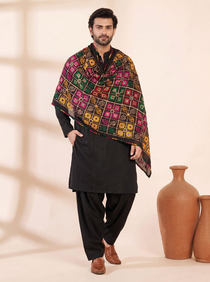 Pure Cotton Embroidered Phulkari Dupatta for Men | Black - view 4