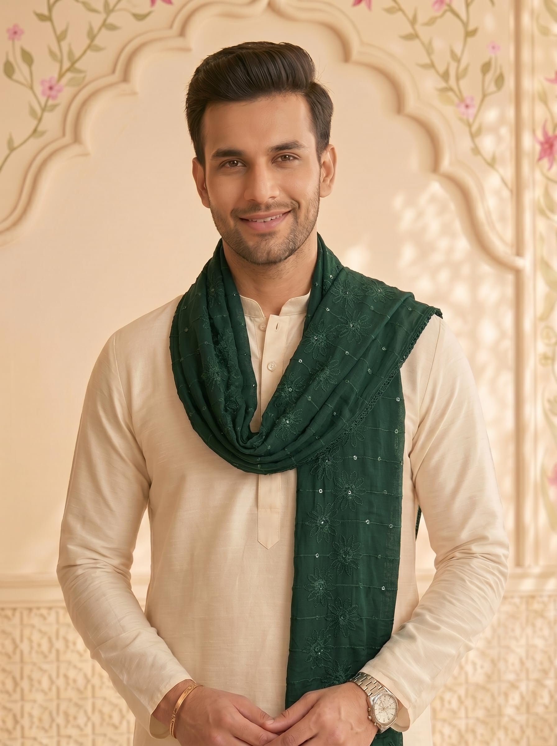 Floral Self Embroidered Chanderi Cotton Dupatta for Men | Bottle Green - view 4