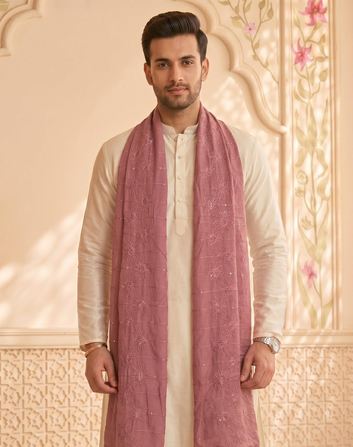 Floral Self Embroidered Chanderi Cotton Dupatta for Men | Dusty Pink - view 3