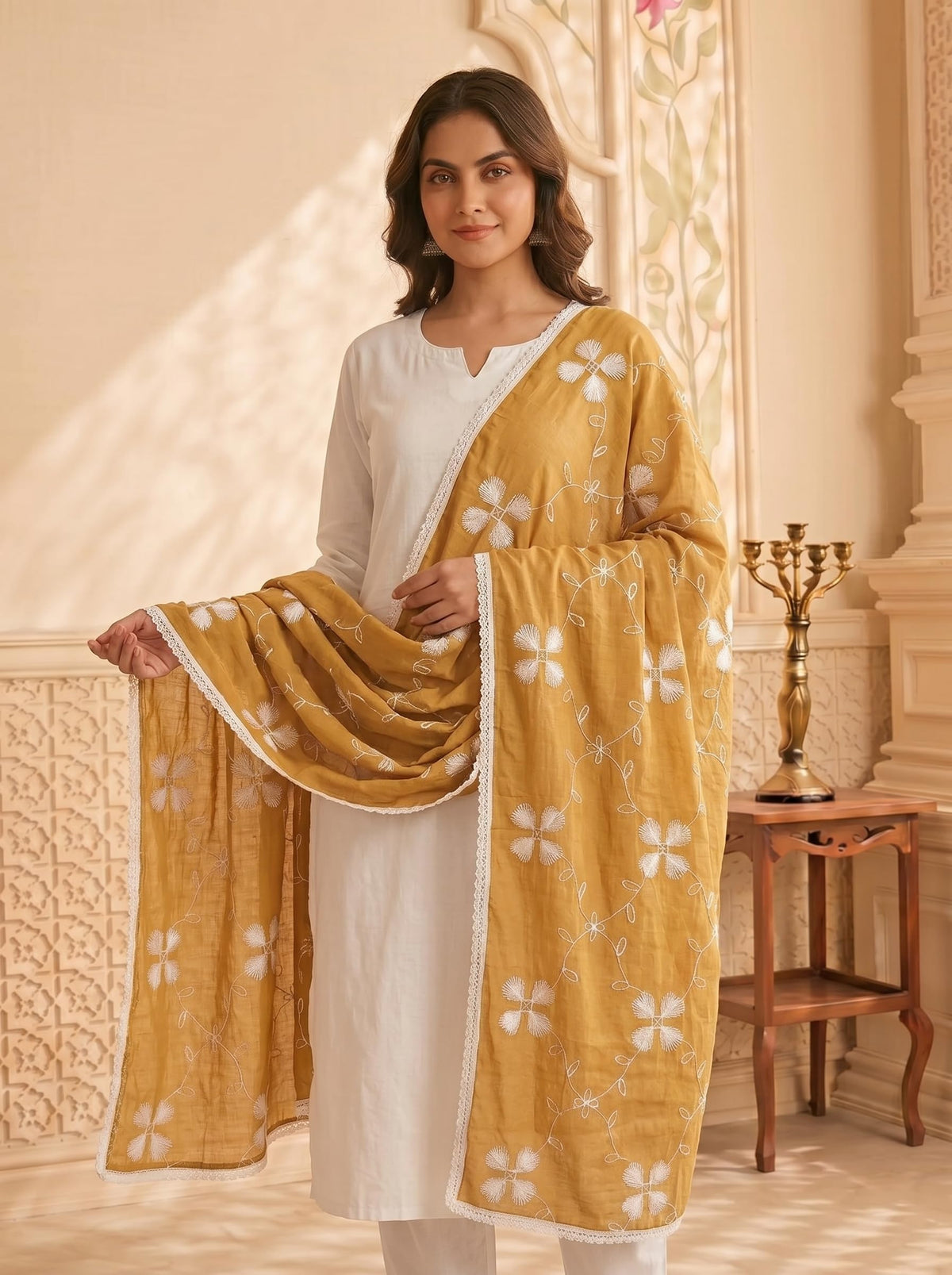 Pure Cotton Floral Embroidery Dupatta for Women | Sand Beige - view 3