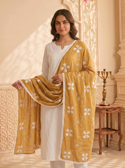 Pure Cotton Floral Embroidery Dupatta for Women | Sand Beige - view 3