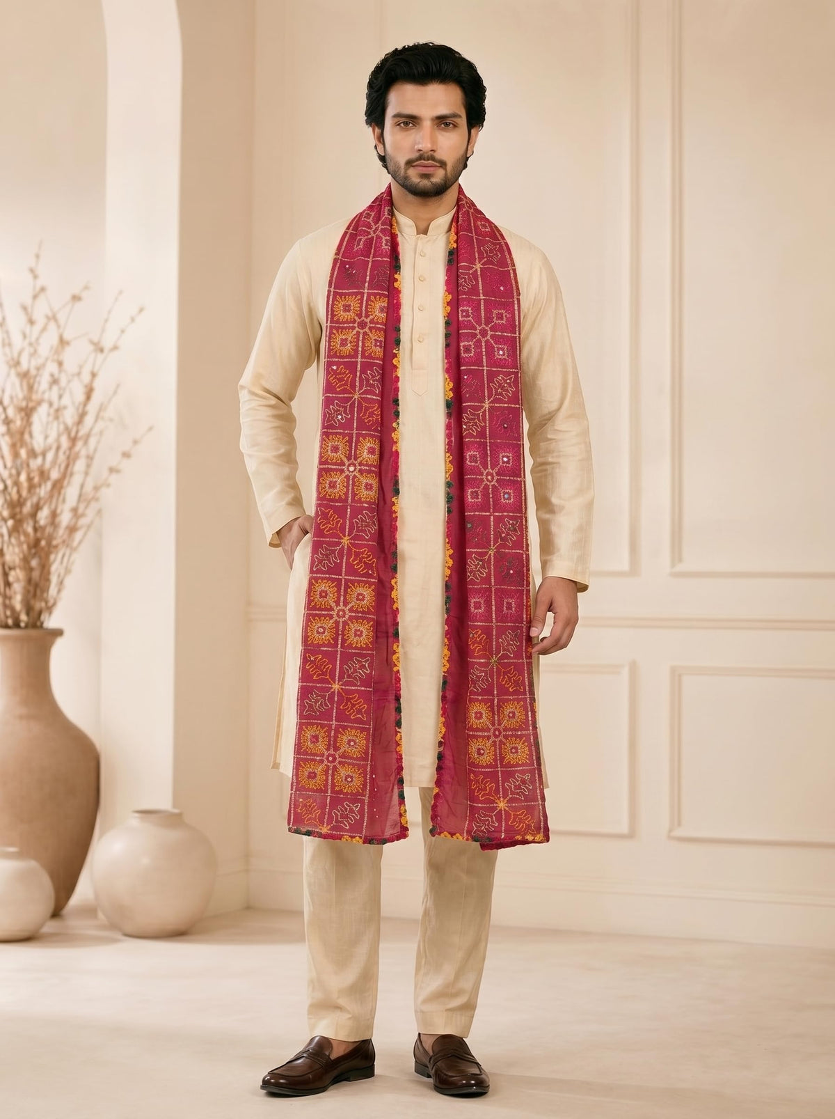Pure Cotton Embroidered Phulkari Dupatta for Men | Pink