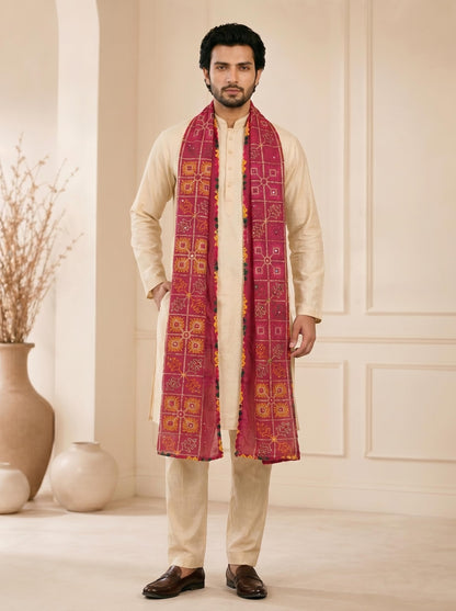 Pure Cotton Embroidered Phulkari Dupatta for Men | Pink