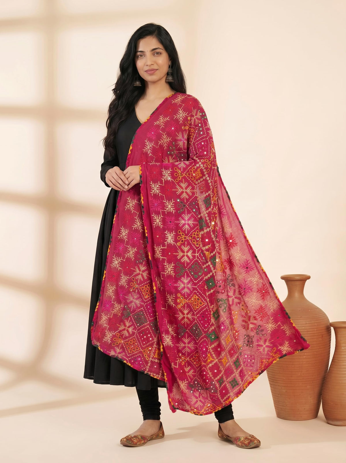 Pure Cotton Phulkari Embroidered Dupatta for Women | Pink - view 4