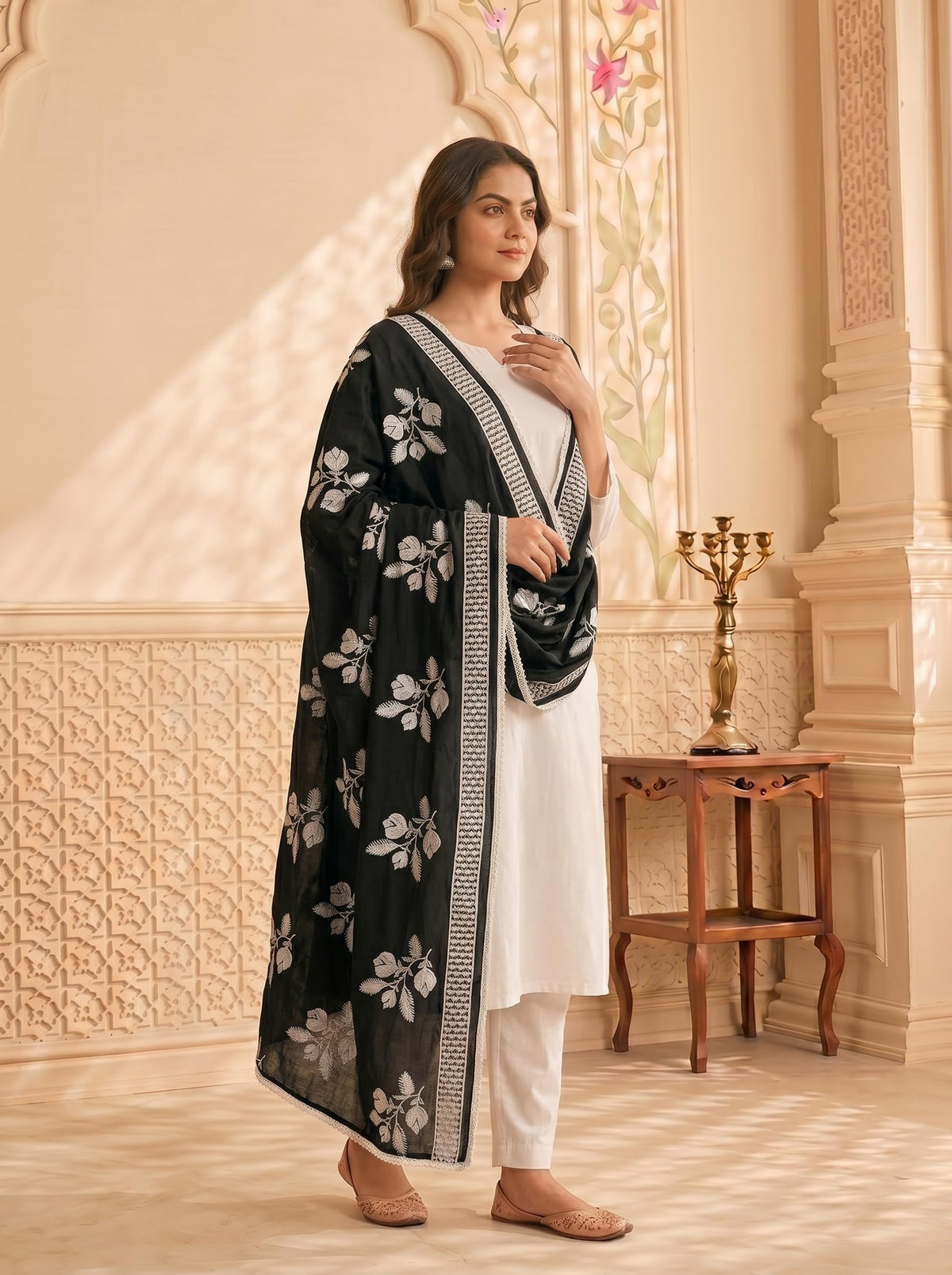 Pure Cotton Floral Embroidered Dupatta for Women | Black