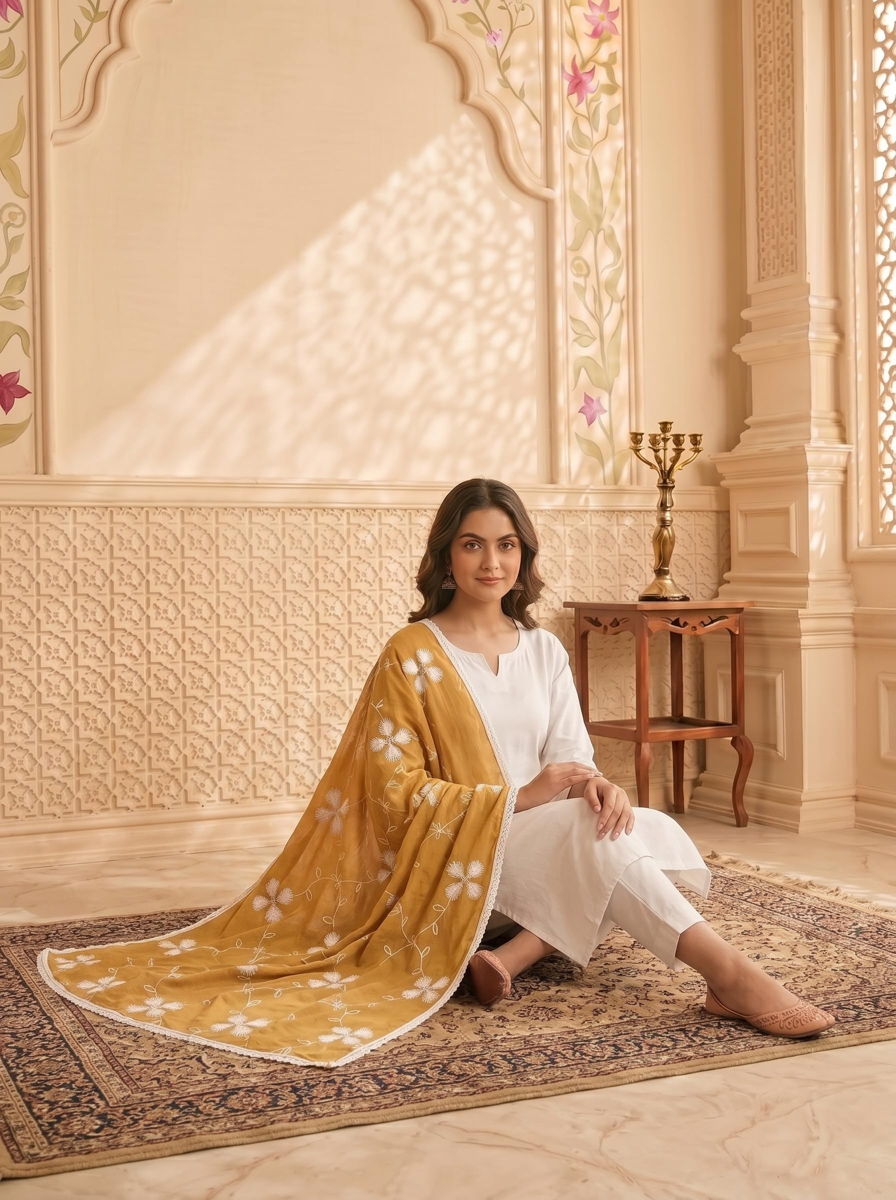 Pure Cotton Floral Embroidery Dupatta for Women | Sand Beige - view 5
