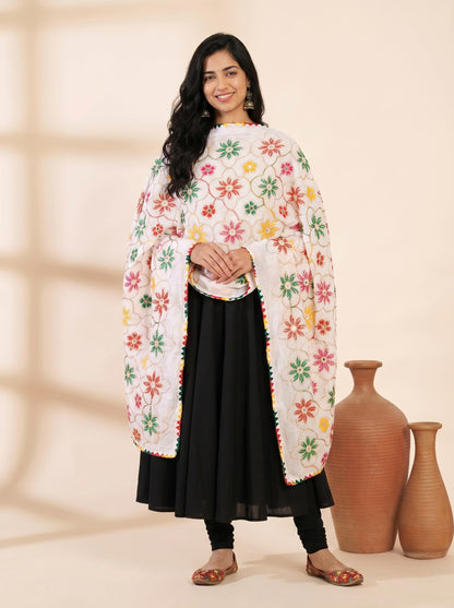 Pure Cotton Phulkari Embroidered Dupatta for Women | White - view 4