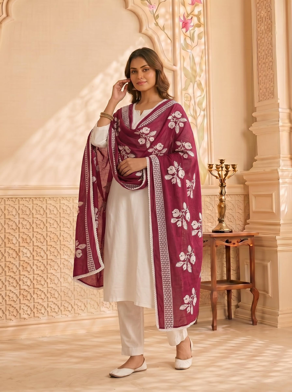 Pure Cotton Floral Embroidered Dupatta for Women | Pink