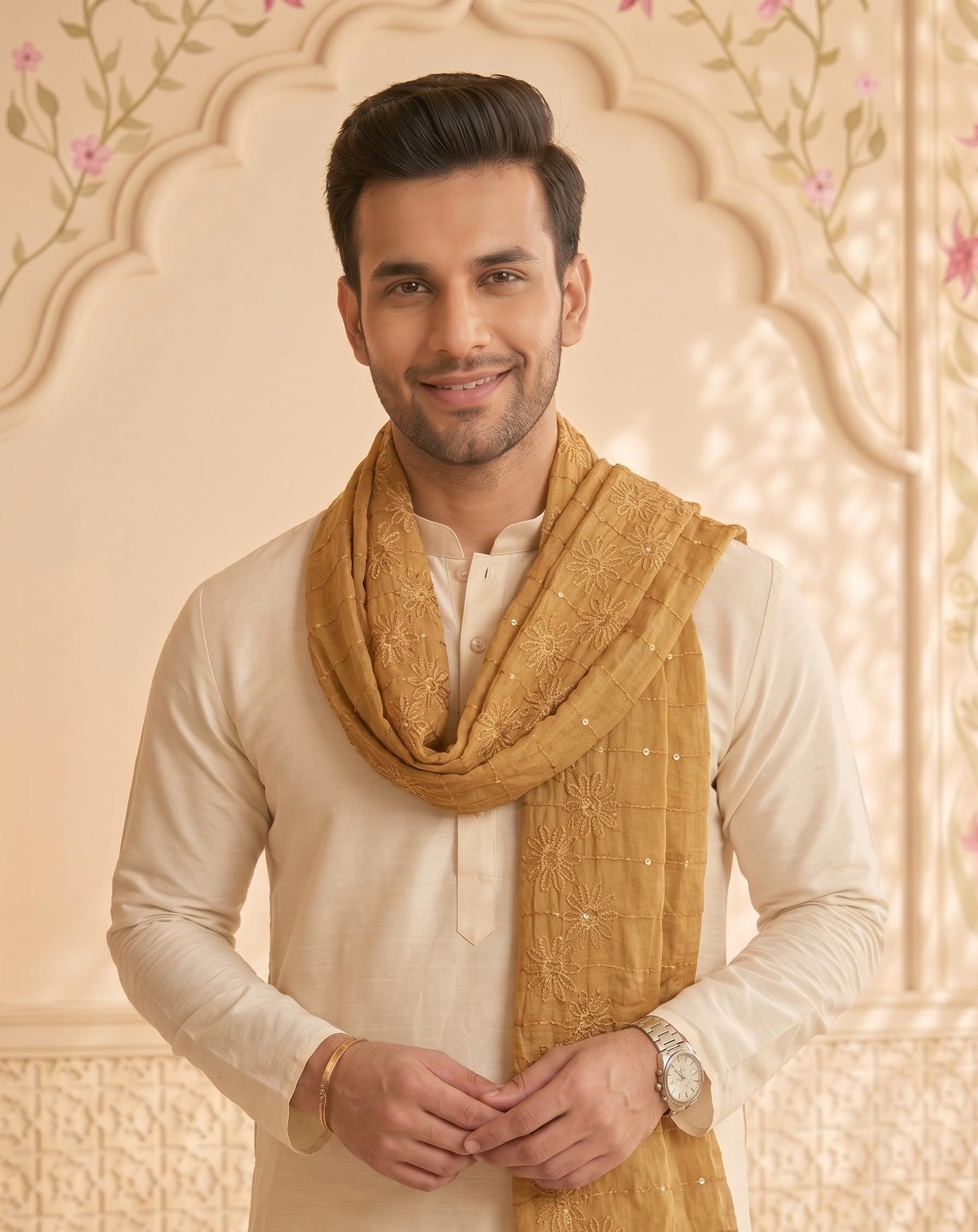 Floral Self Embroidered Chanderi Cotton Dupatta for Men | Sand Beige - view 4